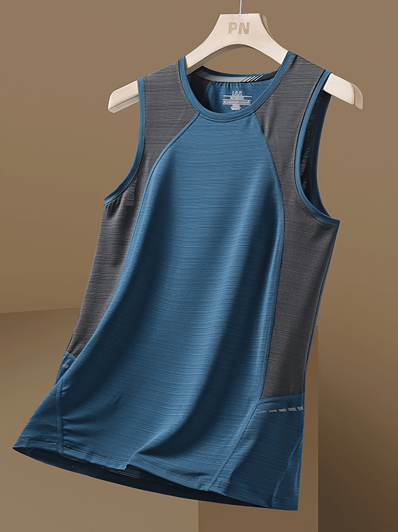 Blue and grey patchwork O-Neck men's tank top displayed on a hanger, perfect for gym or casual wear, with elastic and breathable fabric.